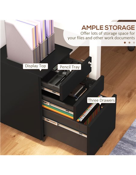 Vinsetto 3-Drawer Vertical Filing Cabinet w/ Lock & Pencil Tray, Steel Mobile File Cabinet w/ Adjustable Hanging Bar for A4, Leg - pic 92174 | FastDaddyshop