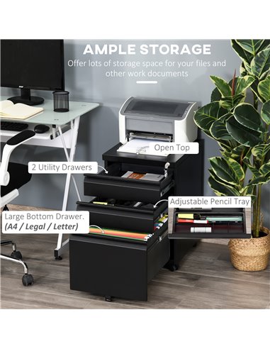 Vinsetto Mobile Vertical File Cabinet Lockable Metal Filling Cabinet w/ 3 Drawers Anti-tilt Design for Letter A4 Legal Size Full