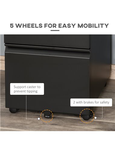 Vinsetto Mobile Vertical File Cabinet Lockable Metal Filling Cabinet w/ 3 Drawers Anti-tilt Design for Letter A4 Legal Size Full