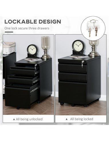 Vinsetto Mobile Vertical File Cabinet Lockable Metal Filling Cabinet w/ 3 Drawers Anti-tilt Design for Letter A4 Legal Size Full