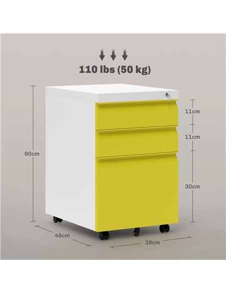 Vinsetto 3 Drawer Filling Cabinet, Mobile Metal File Cabinet with Anti-tilt Design for Letter, A4, Legal Size, Yellow 924-024V00 - pic 92209 | FastDaddyshop