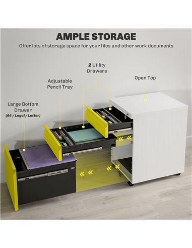 Vinsetto 3 Drawer Filling Cabinet, Mobile Metal File Cabinet with Anti-tilt Design for Letter, A4, Legal Size, Yellow 924-024V00