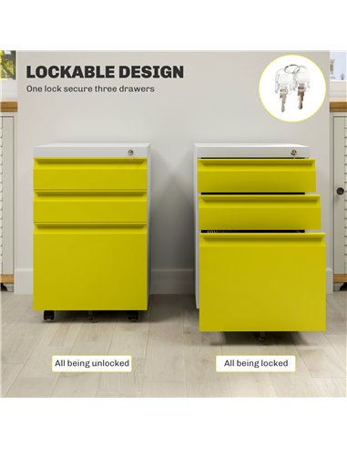 Vinsetto 3 Drawer Filling Cabinet, Mobile Metal File Cabinet with Anti-tilt Design for Letter, A4, Legal Size, Yellow 924-024V00