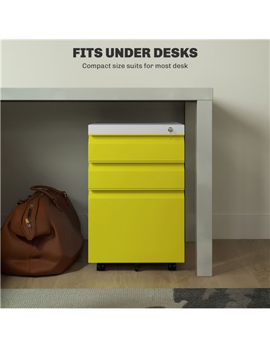 Vinsetto 3 Drawer Filling Cabinet, Mobile Metal File Cabinet with Anti-tilt Design for Letter, A4, Legal Size, Yellow 924-024V00