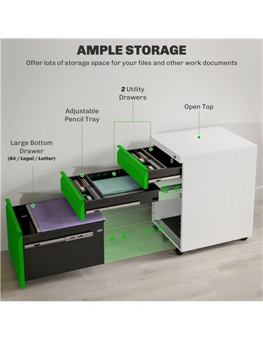 Vinsetto 3 Drawer Filling Cabinet, Mobile Metal File Cabinet with Anti-tilt Design for Letter, A4, Legal Size, Green 924-024V00G