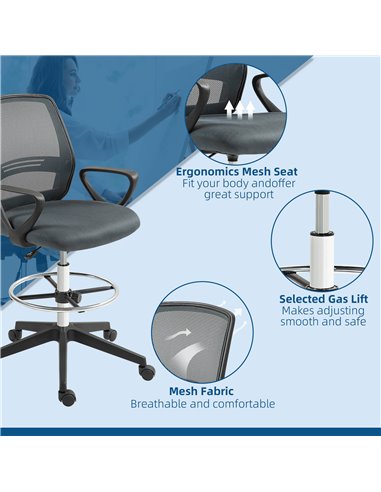 Vinsetto Ergonomic Mesh Back Drafting Chair Draughtsman Chair with Adjustable Height, Grey 921-187V70GY