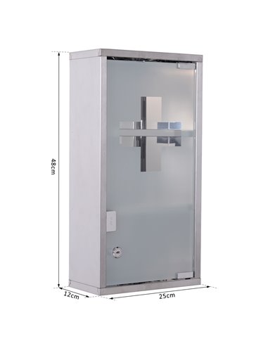 HOMCOM Lockable Medicine Cabinet: Stainless Steel Wall-Mounted Unit with 2 Shelves & Security Glass Door, 48cm Height 02-0546
