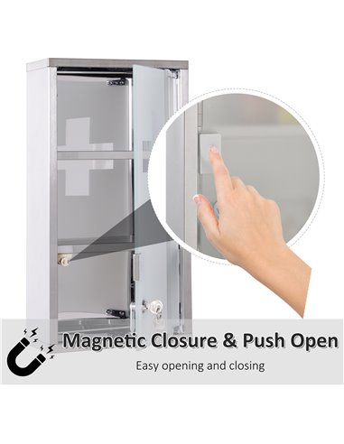 HOMCOM Lockable Medicine Cabinet: Stainless Steel Wall-Mounted Unit with 2 Shelves & Security Glass Door, 48cm Height 02-0546