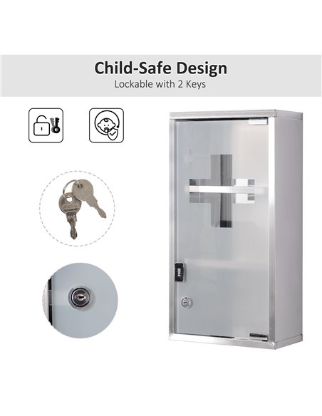 HOMCOM Lockable Medicine Cabinet: Stainless Steel Wall-Mounted Unit with 2 Shelves & Security Glass Door, 48cm Height 02-0546 - pic 92239 | FastDaddyshop