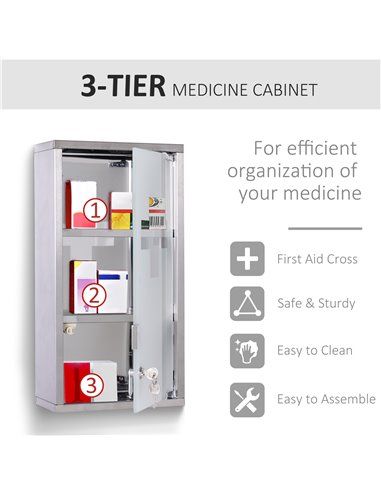 HOMCOM Lockable Medicine Cabinet: Stainless Steel Wall-Mounted Unit with 2 Shelves & Security Glass Door, 48cm Height 02-0546