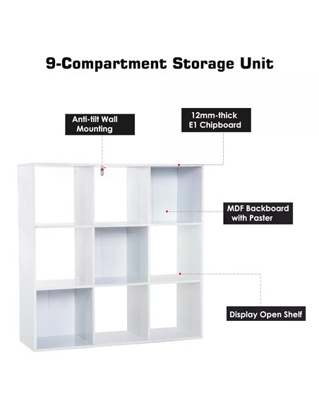 HOMCOM Wooden Cabinet Freestanding Open Cabinet with 9 Cubes, Storage for Bedroom, Living Room, Study, Office, White 833-390 - pic 92318 | FastDaddyshop