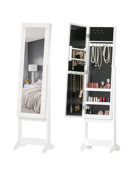 HOMCOM Mirrored Jewelry Cabinet Full Body with LED Light, 3 Angle Adjustable, for Rings, Earrings, Bracelets, Cosmetics, Warm Wh - pic 92379 | FastDaddyshop