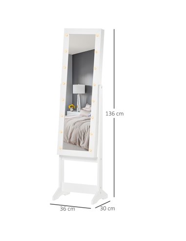 HOMCOM Mirrored Jewelry Cabinet Full Body with LED Light, 3 Angle Adjustable, for Rings, Earrings, Bracelets, Cosmetics, Warm Wh
