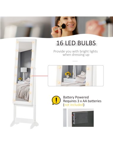 HOMCOM Mirrored Jewelry Cabinet Full Body with LED Light, 3 Angle Adjustable, for Rings, Earrings, Bracelets, Cosmetics, Warm Wh