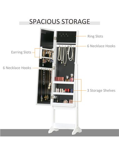 HOMCOM Mirrored Jewelry Cabinet Full Body with LED Light, 3 Angle Adjustable, for Rings, Earrings, Bracelets, Cosmetics, Warm Wh