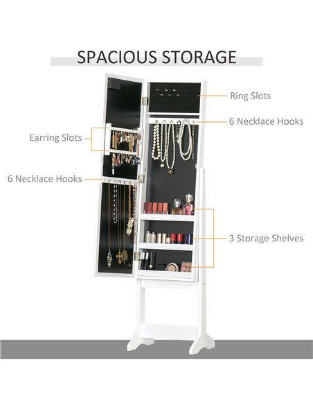 HOMCOM Mirrored Jewelry Cabinet Full Body with LED Light, 3 Angle Adjustable, for Rings, Earrings, Bracelets, Cosmetics, Warm Wh - pic 92382 | FastDaddyshop