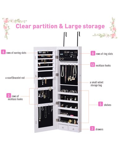 HOMCOM Mirrored Jewellery Cabinet, Door/Wall Mounted Organiser, Lockable with 6 LED Lights, White 831-269WT