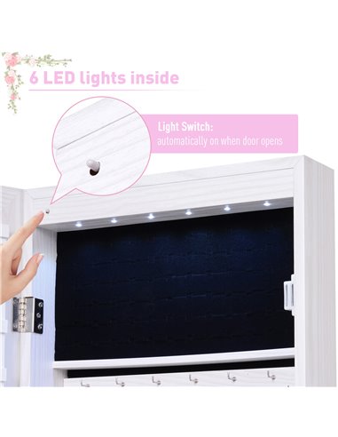 HOMCOM Mirrored Jewellery Cabinet, Door/Wall Mounted Organiser, Lockable with 6 LED Lights, White 831-269WT