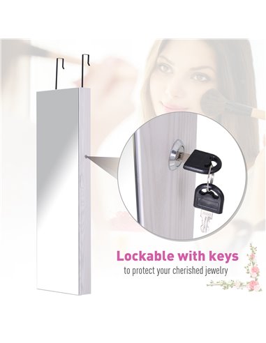 HOMCOM Mirrored Jewellery Cabinet, Door/Wall Mounted Organiser, Lockable with 6 LED Lights, White 831-269WT
