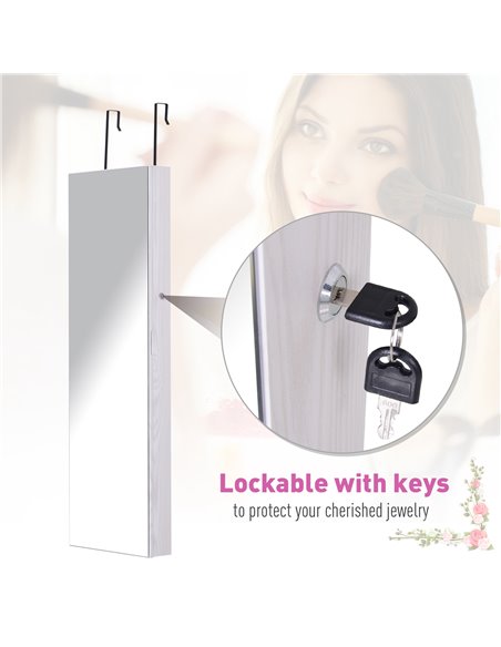 HOMCOM Mirrored Jewellery Cabinet, Door/Wall Mounted Organiser, Lockable with 6 LED Lights, White 831-269WT - pic 92428 | FastDaddyshop