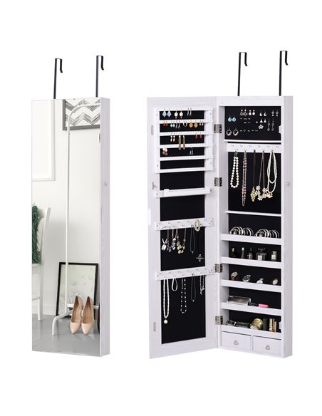 HOMCOM Mirrored Jewellery Cabinet, Door/Wall Mounted Organiser, Lockable with 6 LED Lights, White 831-269WT - pic 92429 | FastDaddyshop