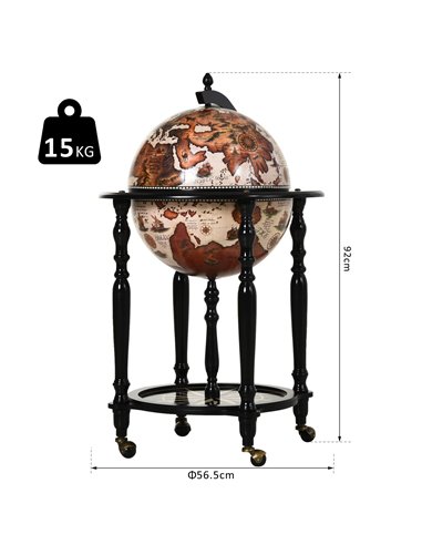 HOMCOM Unique Globe Drinks Cabinet Wood Frame 3 Compartments Bottles Glasses w/ Bottom Shelf 4 Wheels Antique Movable Storage Br