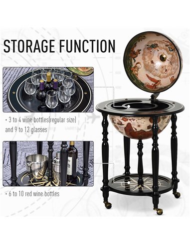 HOMCOM Unique Globe Drinks Cabinet Wood Frame 3 Compartments Bottles Glasses w/ Bottom Shelf 4 Wheels Antique Movable Storage Br