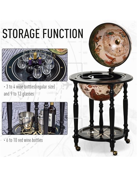 HOMCOM Unique Globe Drinks Cabinet Wood Frame 3 Compartments Bottles Glasses w/ Bottom Shelf 4 Wheels Antique Movable Storage Br - pic 92435 | FastDaddyshop