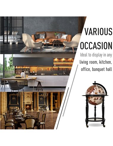 HOMCOM Unique Globe Drinks Cabinet Wood Frame 3 Compartments Bottles Glasses w/ Bottom Shelf 4 Wheels Antique Movable Storage Br