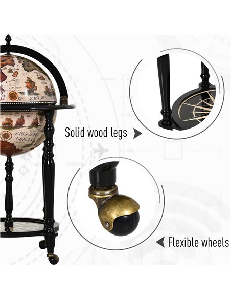 HOMCOM Unique Globe Drinks Cabinet Wood Frame 3 Compartments Bottles Glasses w/ Bottom Shelf 4 Wheels Antique Movable Storage Br - pic 92438 | FastDaddyshop