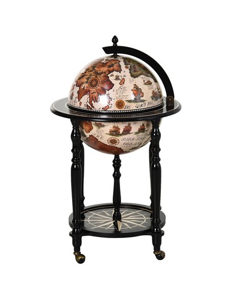 HOMCOM Unique Globe Drinks Cabinet Wood Frame 3 Compartments Bottles Glasses w/ Bottom Shelf 4 Wheels Antique Movable Storage Br - pic 92439 | FastDaddyshop