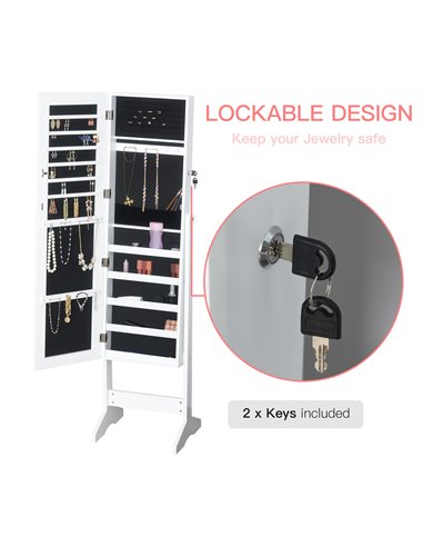 HOMCOM Jewelry Cabinet Standing Mirror Full Length Makeup Lockable Armoire Storage Organizer White 831-322