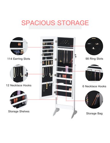 HOMCOM Jewelry Cabinet Standing Mirror Full Length Makeup Lockable Armoire Storage Organizer White 831-322