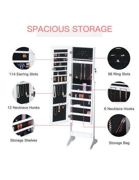 HOMCOM Jewelry Cabinet Standing Mirror Full Length Makeup Lockable Armoire Storage Organizer White 831-322 - pic 92482 | FastDaddyshop