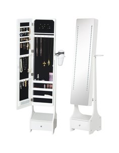 HOMCOM Jewellery Cabinet with Mirror, Freestanding Armoire LED Lights, Hooks, Drawer, Hairdryer Holder, Vanity Adjustable, White