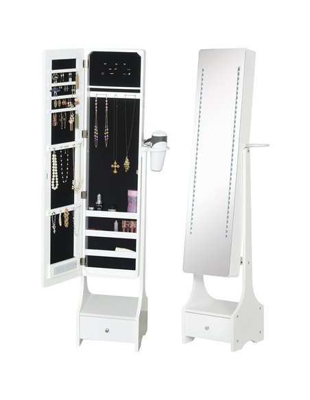 HOMCOM Jewellery Cabinet with Mirror, Freestanding Armoire LED Lights, Hooks, Drawer, Hairdryer Holder, Vanity Adjustable, White - pic 92486 | FastDaddyshop