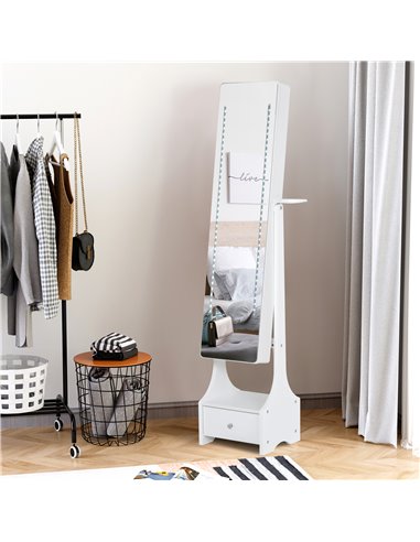 HOMCOM Jewellery Cabinet with Mirror, Freestanding Armoire LED Lights, Hooks, Drawer, Hairdryer Holder, Vanity Adjustable, White