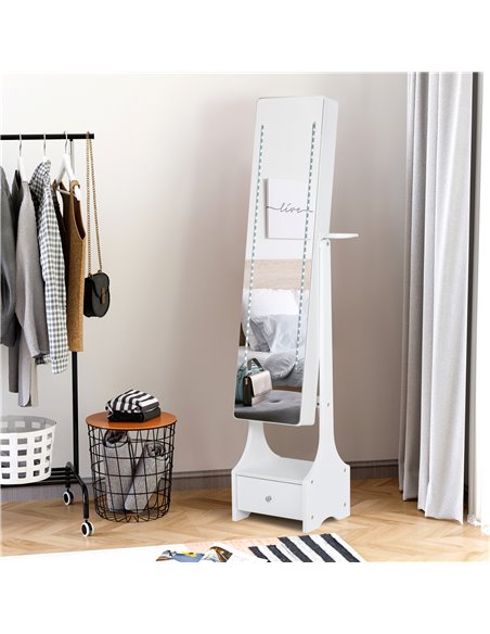 HOMCOM Jewellery Cabinet with Mirror, Freestanding Armoire LED Lights, Hooks, Drawer, Hairdryer Holder, Vanity Adjustable, White - pic 92487 | FastDaddyshop
