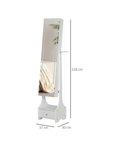 HOMCOM Jewellery Cabinet with Mirror, Freestanding Armoire LED Lights, Hooks, Drawer, Hairdryer Holder, Vanity Adjustable, White