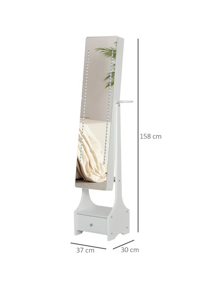 HOMCOM Jewellery Cabinet with Mirror, Freestanding Armoire LED Lights, Hooks, Drawer, Hairdryer Holder, Vanity Adjustable, White - pic 92488 | FastDaddyshop