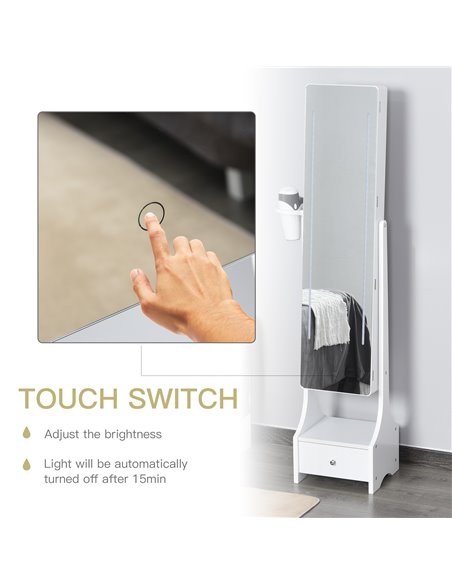 HOMCOM Jewellery Cabinet with Mirror, Freestanding Armoire LED Lights, Hooks, Drawer, Hairdryer Holder, Vanity Adjustable, White - pic 92489 | FastDaddyshop