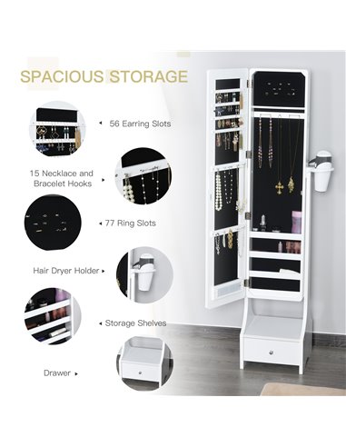 HOMCOM Jewellery Cabinet with Mirror, Freestanding Armoire LED Lights, Hooks, Drawer, Hairdryer Holder, Vanity Adjustable, White