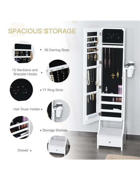 HOMCOM Jewellery Cabinet with Mirror, Freestanding Armoire LED Lights, Hooks, Drawer, Hairdryer Holder, Vanity Adjustable, White - pic 92490 | FastDaddyshop