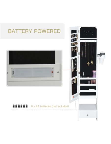 HOMCOM Jewellery Cabinet with Mirror, Freestanding Armoire LED Lights, Hooks, Drawer, Hairdryer Holder, Vanity Adjustable, White - pic 92491 | FastDaddyshop