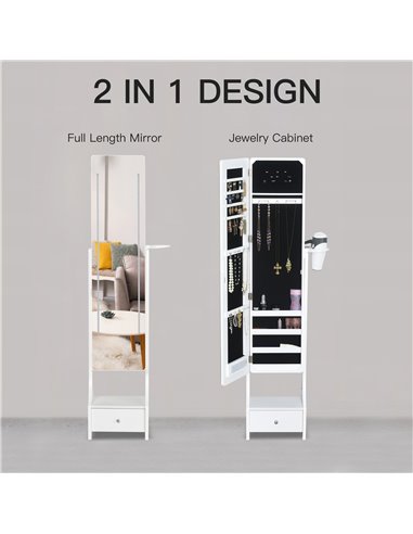 HOMCOM Jewellery Cabinet with Mirror, Freestanding Armoire LED Lights, Hooks, Drawer, Hairdryer Holder, Vanity Adjustable, White