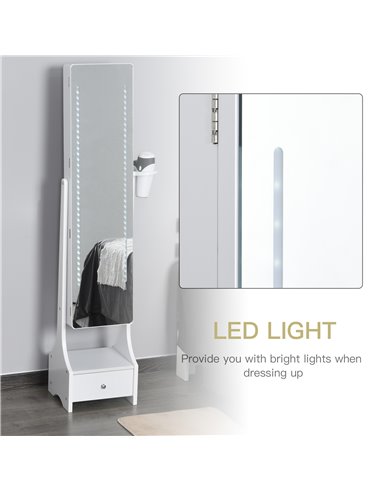 HOMCOM Jewellery Cabinet with Mirror, Freestanding Armoire LED Lights, Hooks, Drawer, Hairdryer Holder, Vanity Adjustable, White