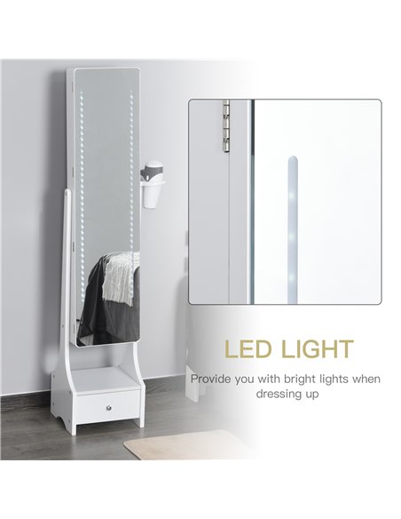 HOMCOM Jewellery Cabinet with Mirror, Freestanding Armoire LED Lights, Hooks, Drawer, Hairdryer Holder, Vanity Adjustable, White - pic 92493 | FastDaddyshop