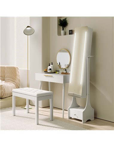 HOMCOM Jewellery Cabinet with Mirror, Freestanding Armoire LED Lights, Hooks, Drawer, Hairdryer Holder, Vanity Adjustable, White