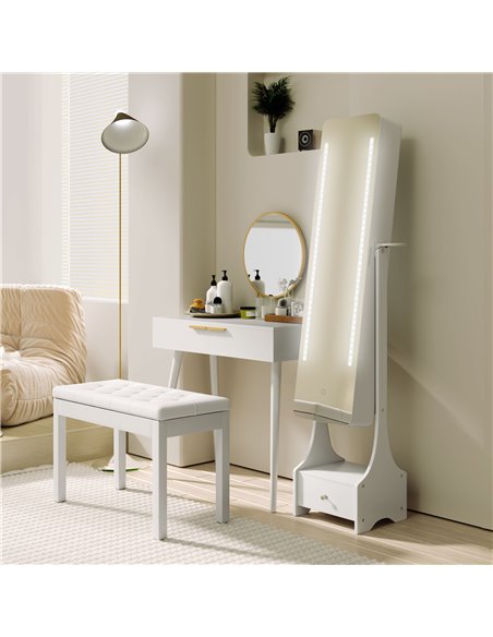 HOMCOM Jewellery Cabinet with Mirror, Freestanding Armoire LED Lights, Hooks, Drawer, Hairdryer Holder, Vanity Adjustable, White - pic 92494 | FastDaddyshop