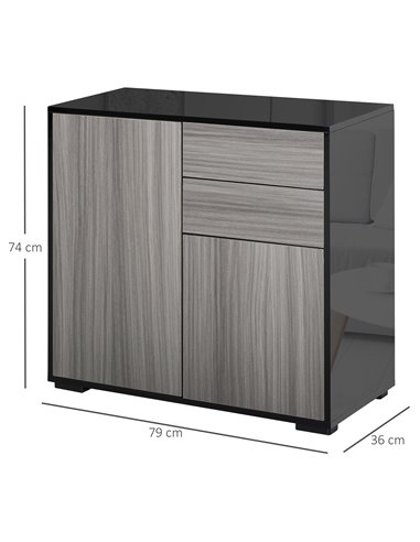 HOMCOM Modern Stylish Freestanding Push-Open Design Cabinet with 2 Drawer, 2 Door Cabinet, 2 Part Inner Space-Light Grey and Bla
